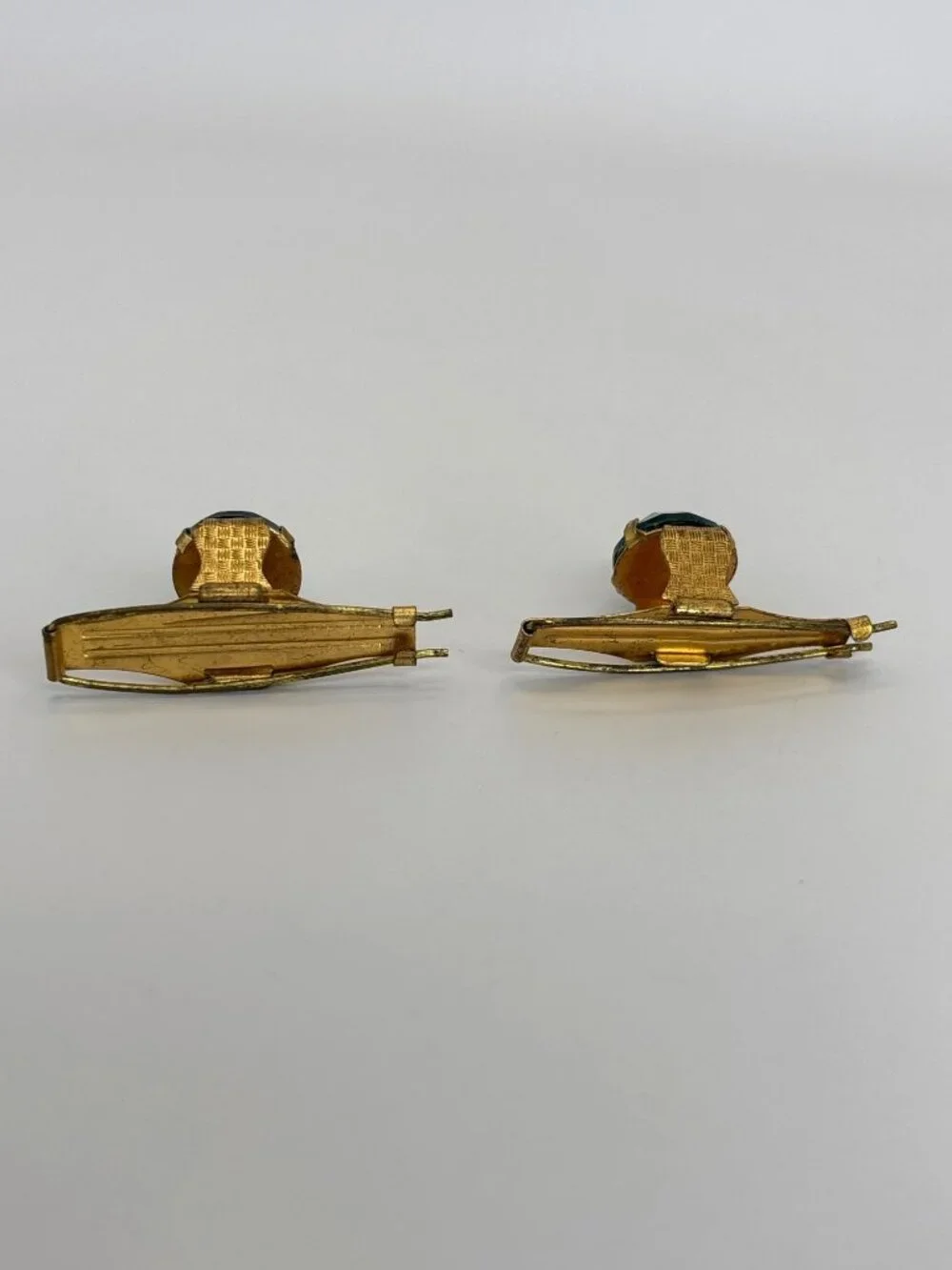 Vintage Rare 1930's Metal Gold Tone Metal Hair Barret Clips Pins Green Stone
